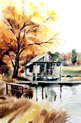 تابلو نقاشی آبرنگ، کلبه ای در آغوش پاییز