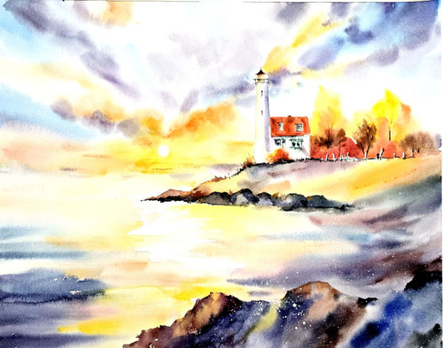 تابلو نقاشی آبرنگ فانوس دریایی