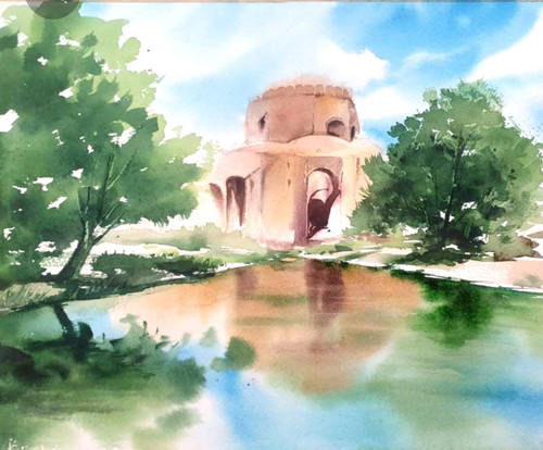 تابلو نقاشی آبرنگ گنبد تاریخی