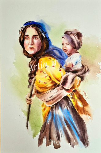 مادر و کودک آبرنگ اثر استاد سوده ذاکر