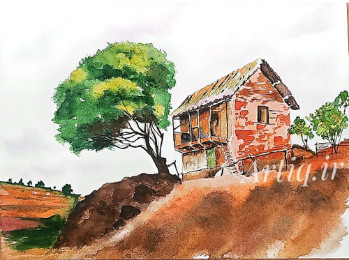 تابلو نقاشی آبرنگ کلبه اثر هنرمند هاجر رضائی