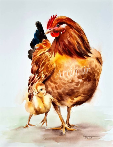 تابلو نقاشی آبرنگ ،مرغ حنایی