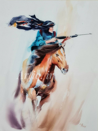 تابلو نقاشی آبرنگ ،زن سوارکار تیرانداز ایلیاتی، اثر استاد سوده ذاکر