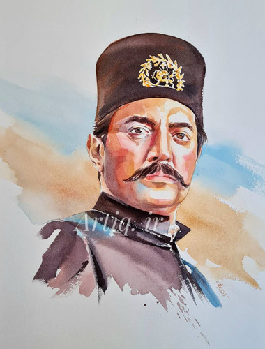 پرتره بهرام رادان ،ناصر الدین شاه، آبرنگ ،اثر استاد سوده ذاکر .